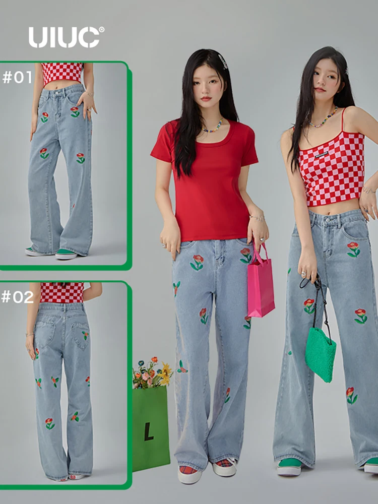 

UIUC Flower Embroidery Denim Pants Women Chic Straight-leg Jeans 33626GS22