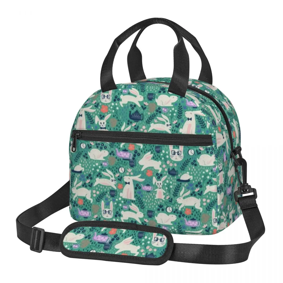 

Easter Rabbit Lunch Bag with Handle Bunnies and Teapots Aqua Cool Cooler Bag Zipper School Food Thermal Bag