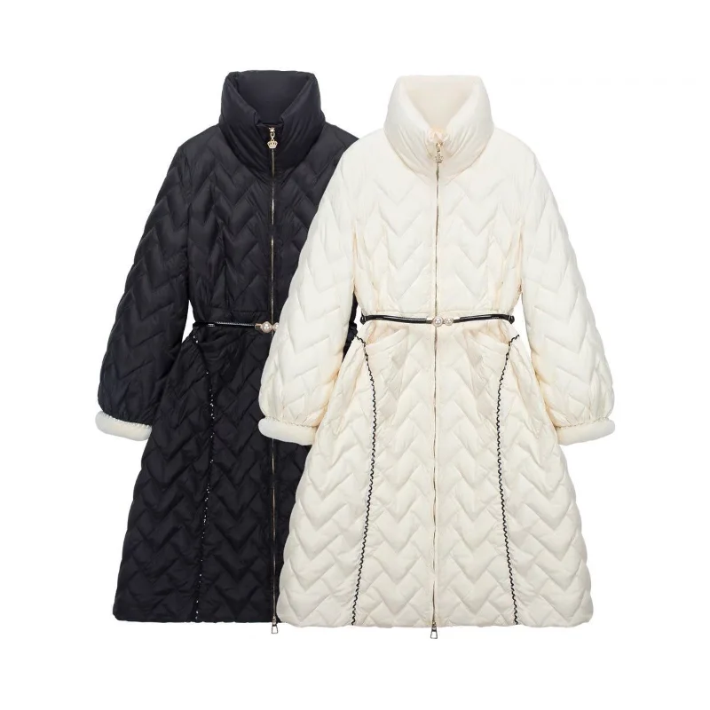 Down Jacket Down Coat Women Medium Long 2022 Winter New Sleeve Nail Bead Mink Hair Waist White Duck Outwear
