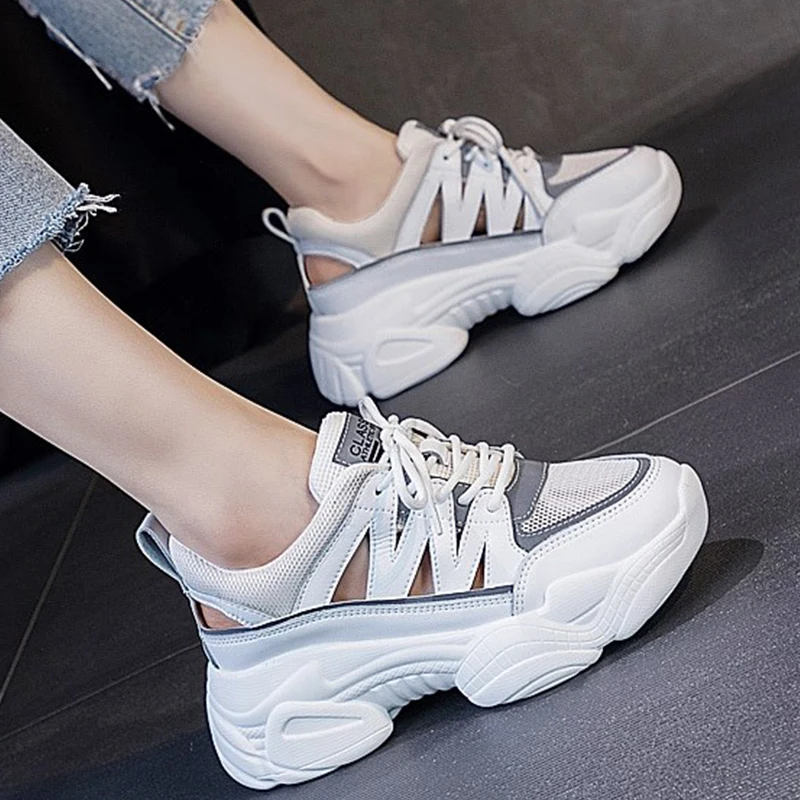 7cm Air Mesh Genuine Leather Women Summer Side Hollowing Soft Sole Platform Wedge Sandals Fashion Chunky Ladies Sneakers Shoes