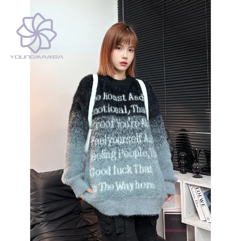 

American Gradient Letter Round Neck Pullover Sweaters for Women 2023 Autumn Long Sleeve Knitwear Ins Fashion