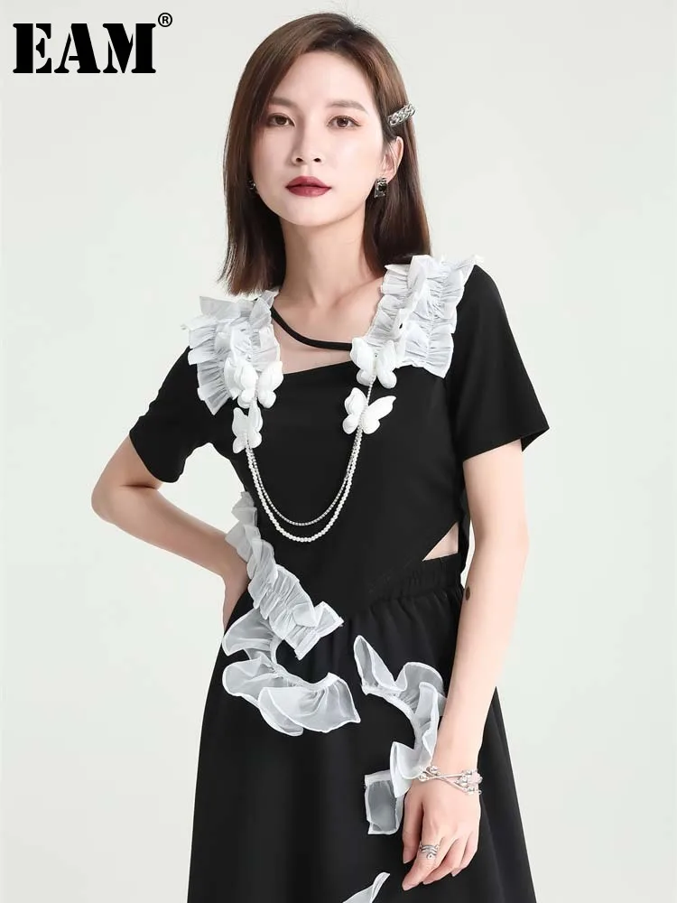 

[EAM] Women Black Ruffles Irregular Hem Short T-shirt New Round Neck Short Sleeve Fashion Tide Spring Summer 2022 1DE9037