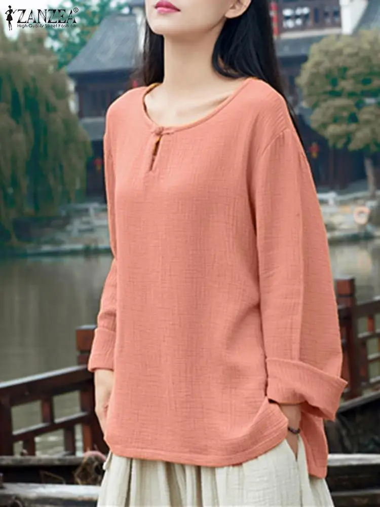 

Full Sleeve O-Neck Button Chemise Female Fashion Elegant Casual Holiday Oversized Blusas 2022 ZANZEA Women Spring Solid Blouse