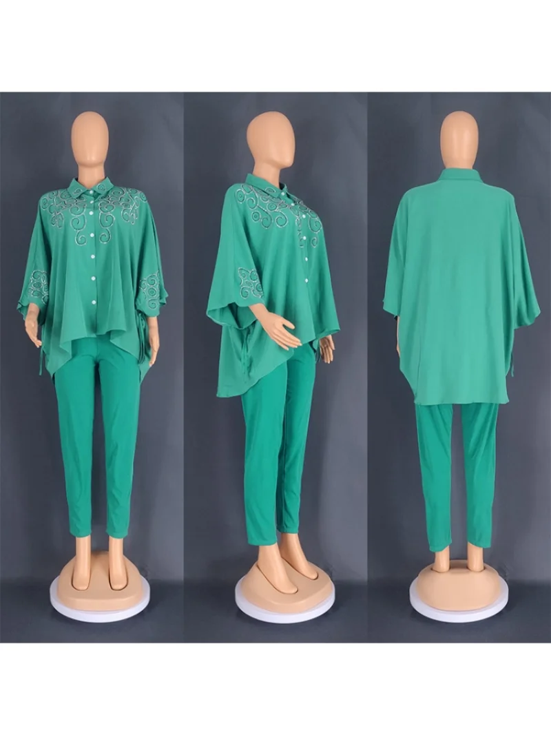 2 Two Piece Set Diamonds Three Quarters Sleeve Blouse Tops And Pant Suits Summer Autumn Women Set Sheath Matching Fashion Outfit
