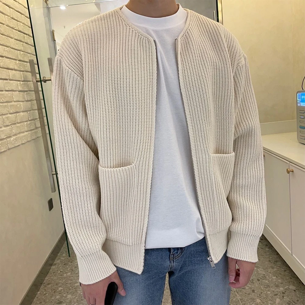 

Fashion Men's Zip Up Knitted Sweater Cardigans Funnel Neck Jumper Long Sleeve Pockets Sweater Coats Man Tops