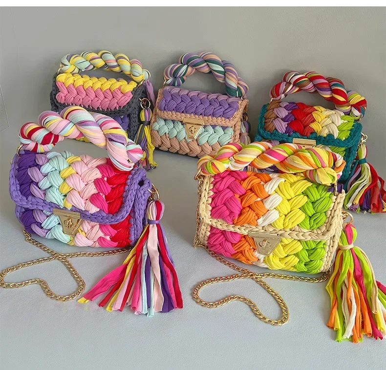

2023 Woven Shoulder bag Rainbow Synthetic Women High Unique Design Crochet Handbags Small Fragrance sweet Fashion Trend Design