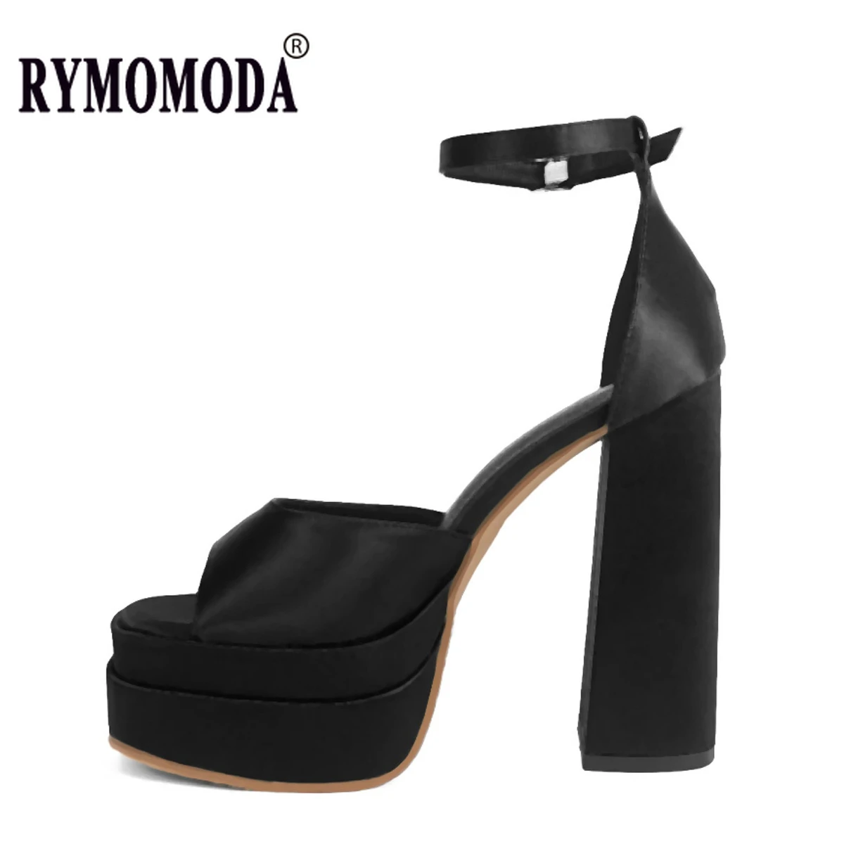 

Women Sandals New Fashion Satin Square High Heel Peep Toe Thick Platform Buckle Strap Ladies Black Party Shoes Brand Designer