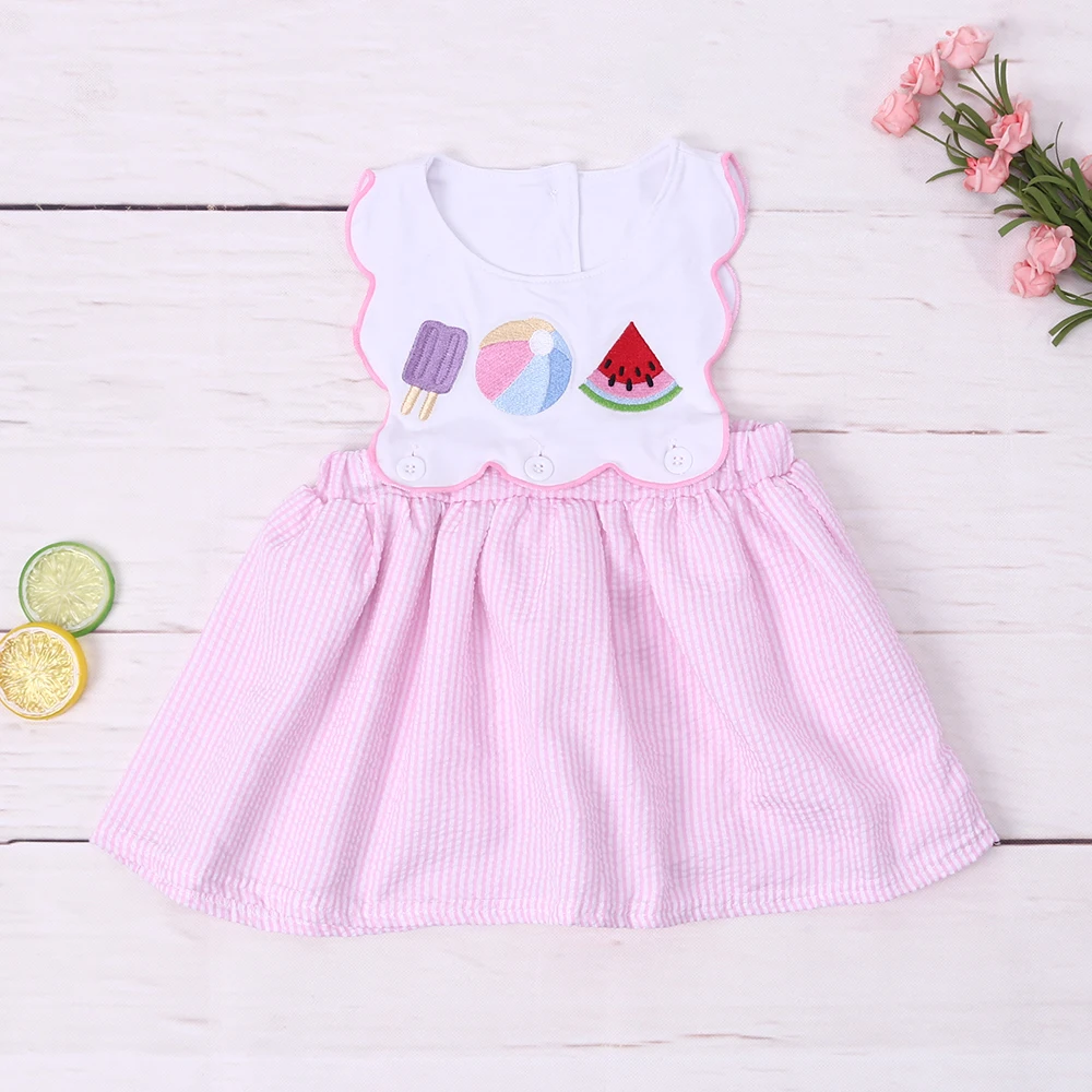 

Baby Girls Princess Dress One Piece Lace Clothes Ice Cream Embroidery Bodysuit Sweet Skirt Pink Seersucker Outfit 1-8T Toddler