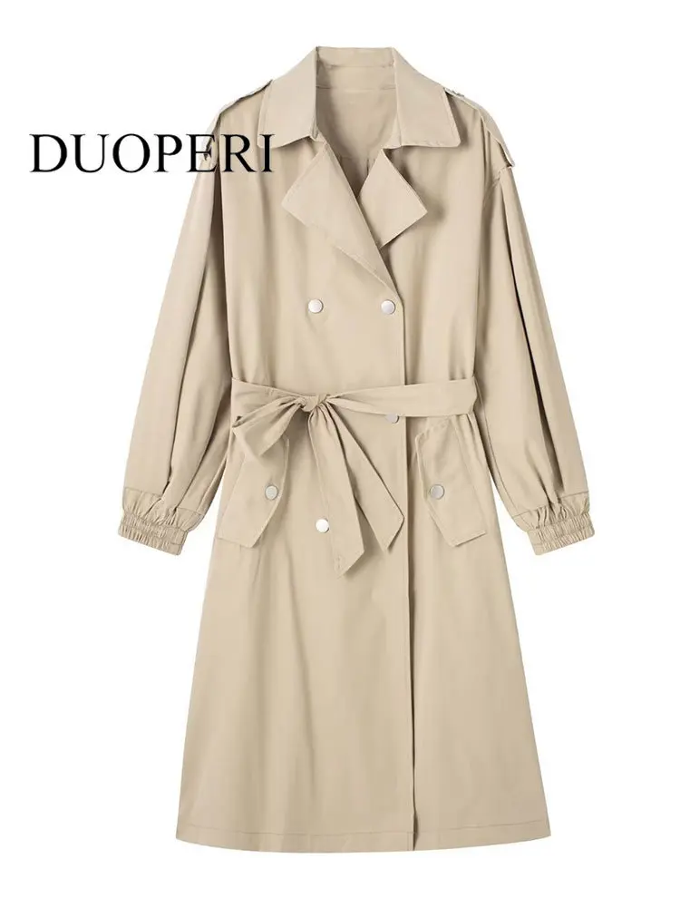 

DUOPERI Women Fashion With Belt Khaki Back Slit Trench Coat Vintage Notched Neck Long Sleeves Double Breasted Female Outfits