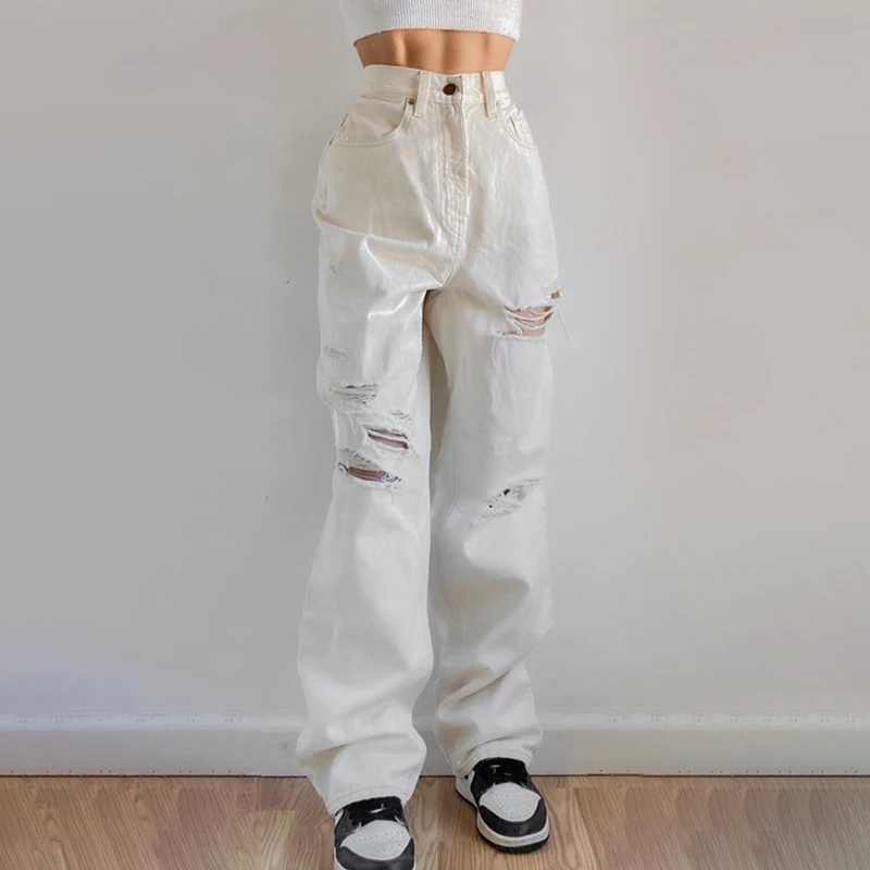 

White Solid Casual Holes Straight Jeans Women Loose High Waist Denim Pants Korean Fashion Streetwear Jean Trousers