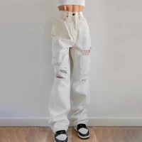white solid casual holes straight jeans women loose high waist denim pants korean fashion streetwear jean trousers