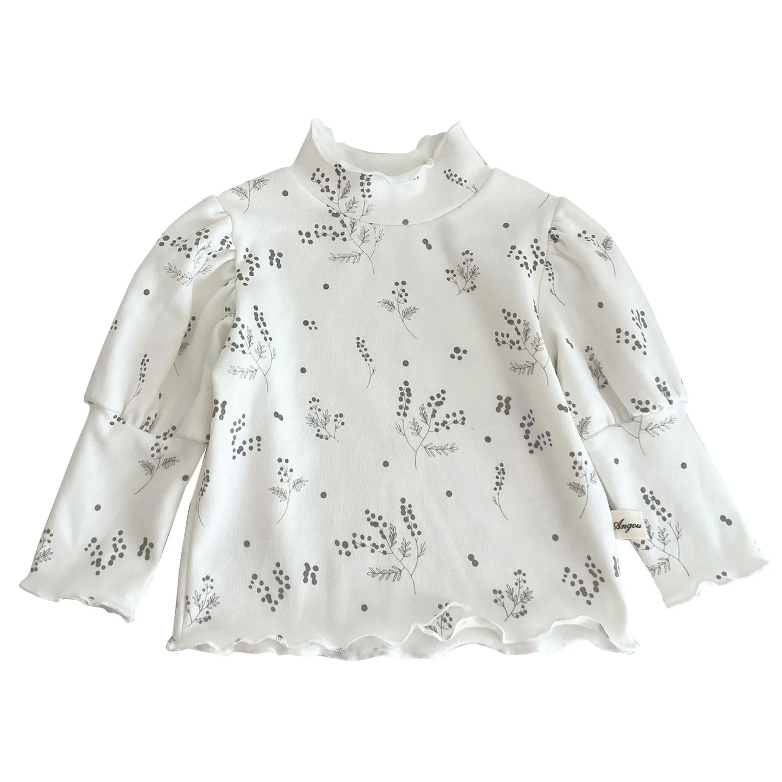 

Повседневная футболка для маленьких девочек, топ, одежда с пышными длинными рукавами, высоким воротником и оборками по краям, с цветочным пр...