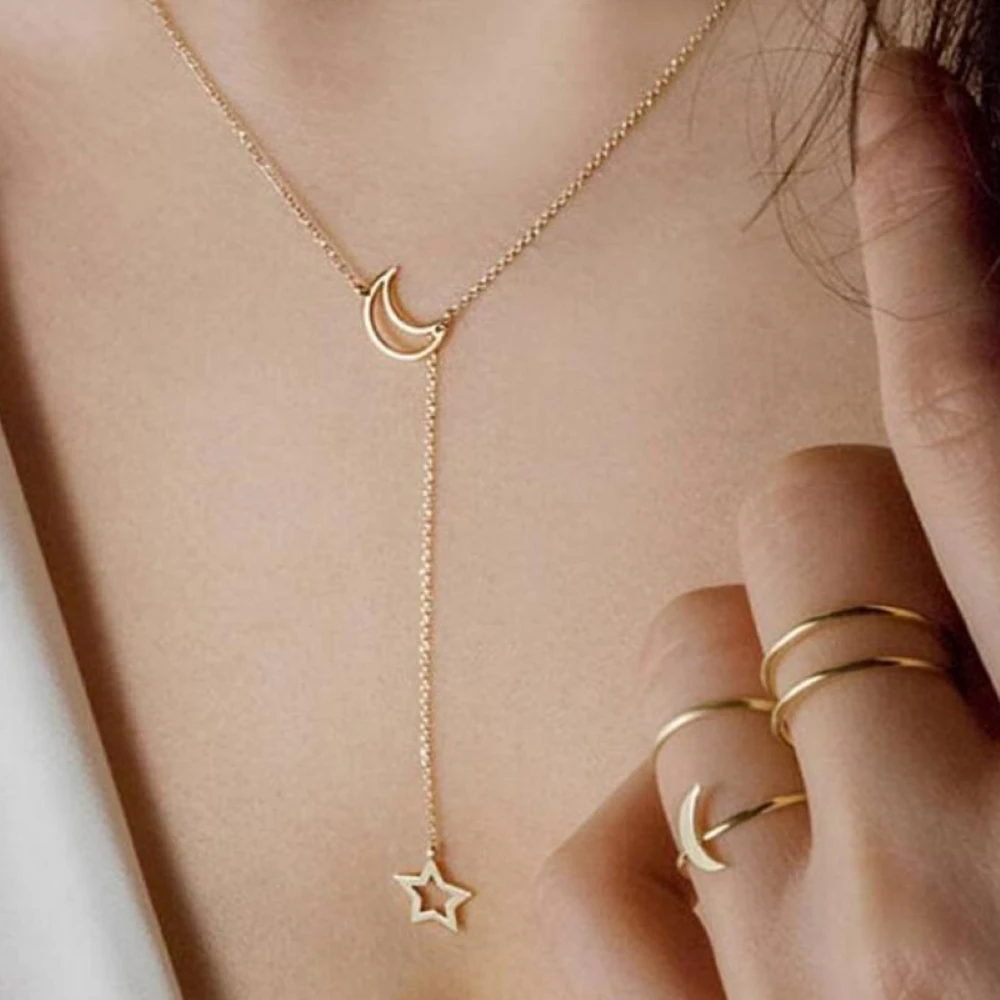 

Simple Star & Moon Pendant Clavicle Necklace for Women Minimalist Gold Color Tassel Link Chain Y Shape Collars Jewelry Party