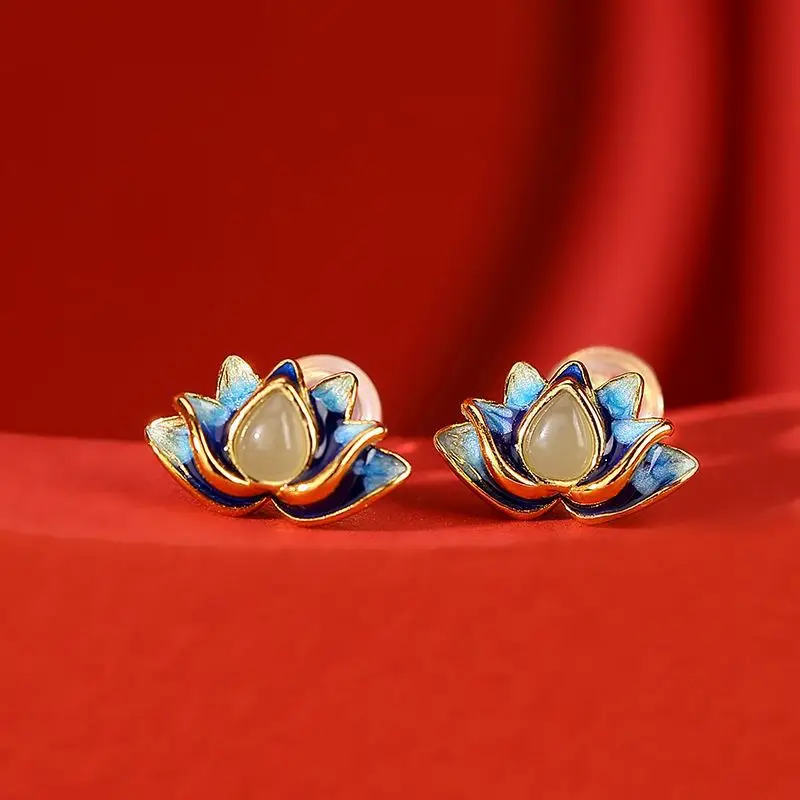 

Chinese Style Vintage Cloisonne Hotan Jade Iris Copper Silvering Earrings for Women Party Hanfu Cheongsam Jewelry Birthday Gift