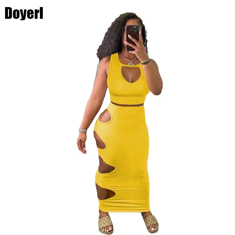 

Sexy Bodycon 2 Piece Set Women Matching Sets Summer Club Outfits for Women Hollow Out High Waist Midi Skirt and Top Set Women