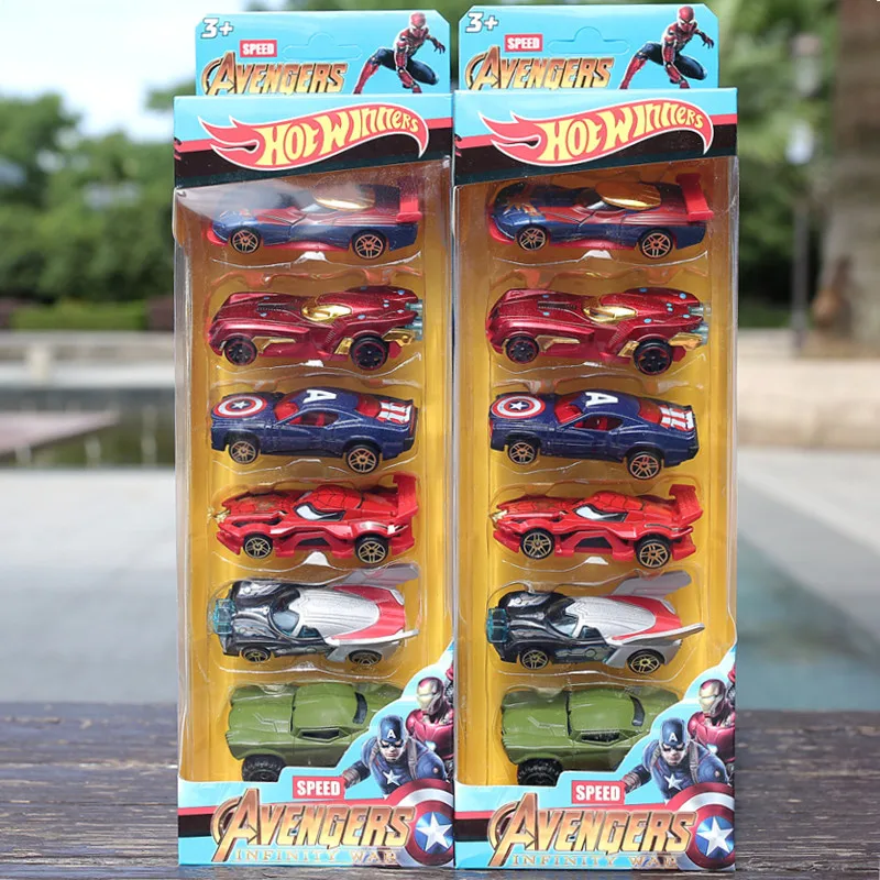 

6Pcs/Set Avengers Toy Car Alloy Spider Man Iron Man Captain America Figures Set 1:64 Racing Cars Model Children's Birthday Gif