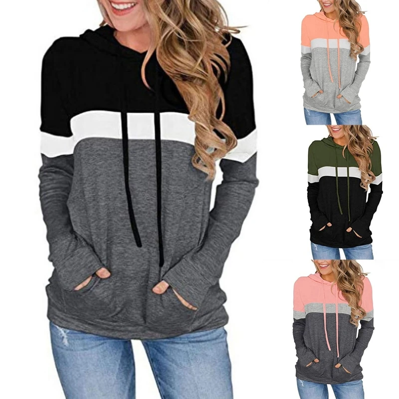 Women's Drawstring Hoodies Autumn Winter Long Sleeve Colorblock Stripes Sweatshirt Casual Loose Pullover Tops Tunic Shirt Pocket