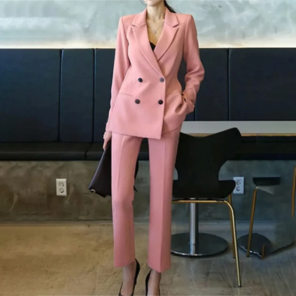 2023 New Korean Fashion Women Suit Vintage Blazer 2 Pieces Set Elegant Jackets Straight Pantsuit Female Formal Business Trousers