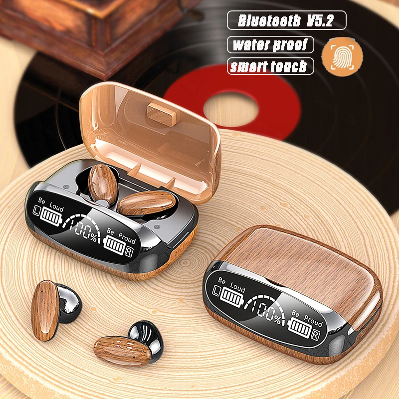 

TWS Bluetooth Earphones Wood Grain Charging Box Wireless Headphone Sports Waterproof Earbuds Mirror LED Display Headset With Mic