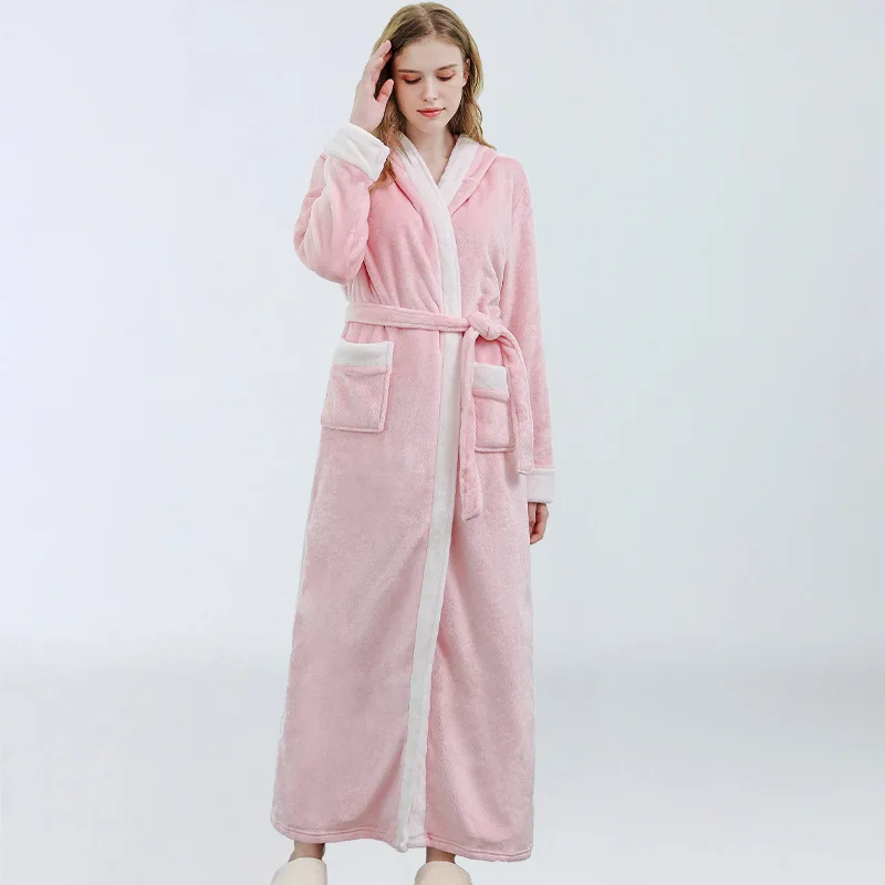 Long Bathrobe Women Soldi Hooded Winter Warm Ladies Kimono With Sashes Flannel Thick Solid Fleece Dressing Gown For Female