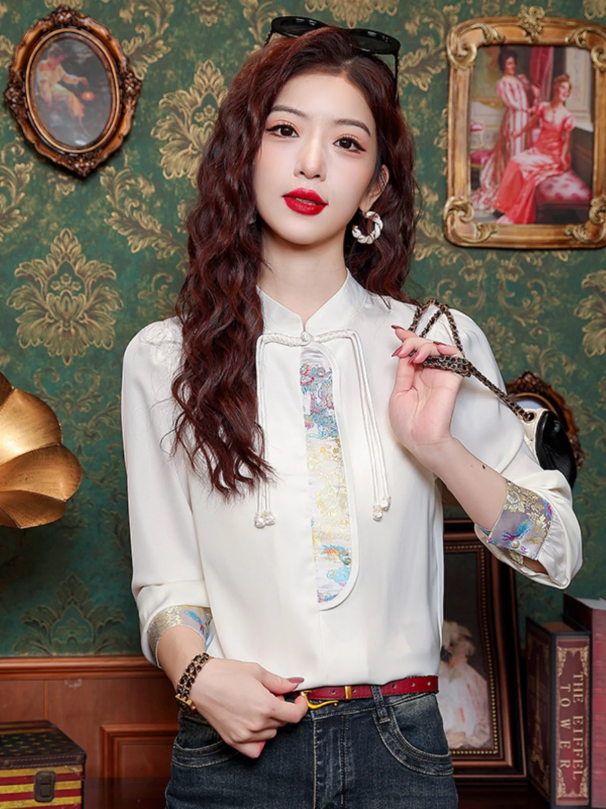 Новинка 2024 китайские рубашки из ацетата с пряжкой в стиле ретро женские