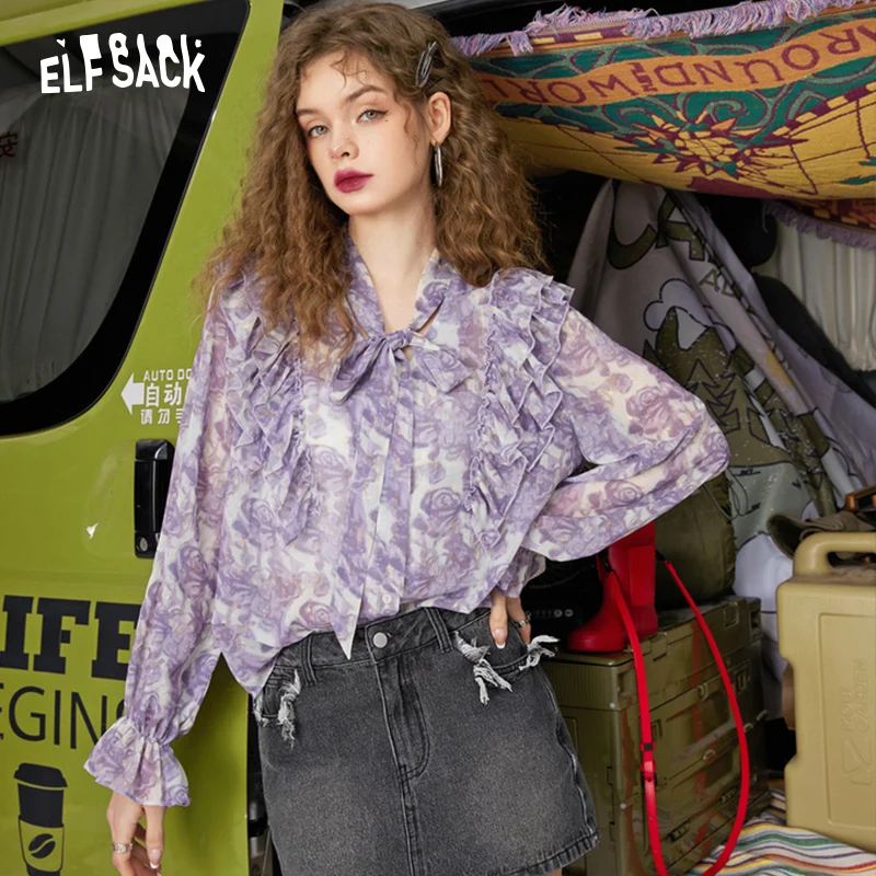 ELFSACK Purple Floral Chiffon Blouses Women 2023 Spring Long Sleeve Basic Tops