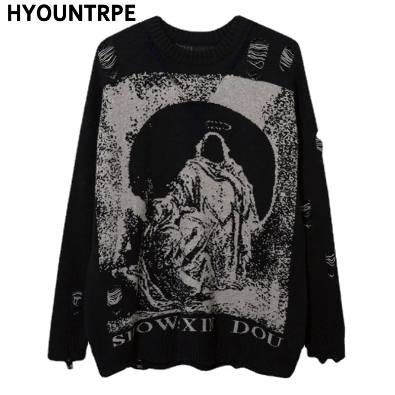 

Mens Knitted Sweater Ripped Holes Harajuku Pattern Sweaters Casual O-neck Loose Pullover Hip Hop Streetwear Sweaters Pullovers