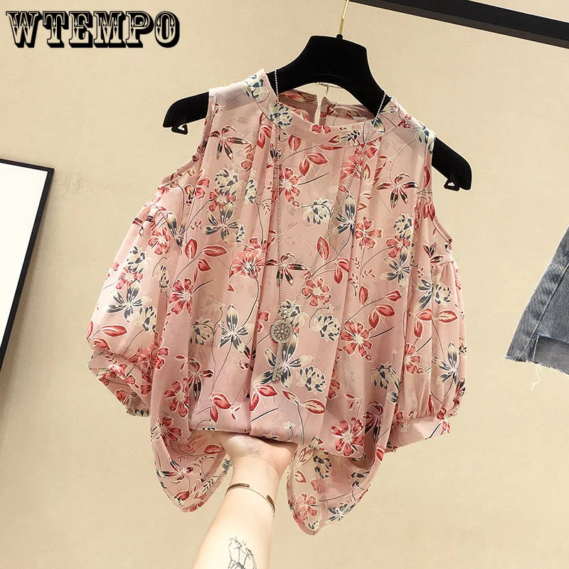 

WTEMPO Chiffon Shirt Women Sexy Off Shoulder Printed Top Streetwear Short Sleeve Loose Korean Fashion Y2K Shirt Blouse Women