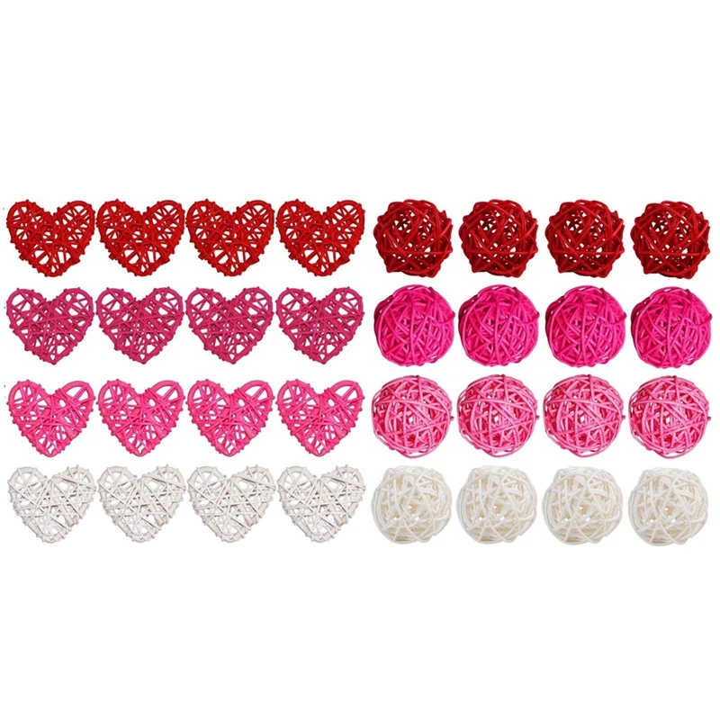 

32Pcs Valentine's Day Heart Shape & Round Rattan Balls 2 Inch Wedding Wicker Balls Decorations