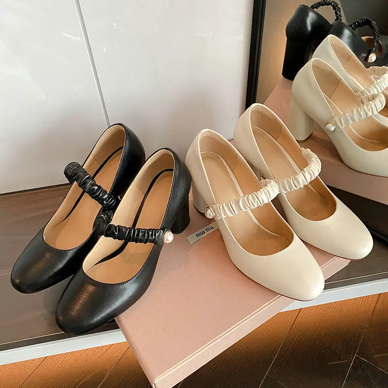 

Genuine Leather Concise Lady Office Pumps Pearls Pleated Elastic Strap Closed Toe Round High Heeled Women Shoes Mary Janes Heels