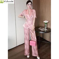 2022 spring and summer new style temperament korean printed suit wide leg pants two piece elegant womens suit