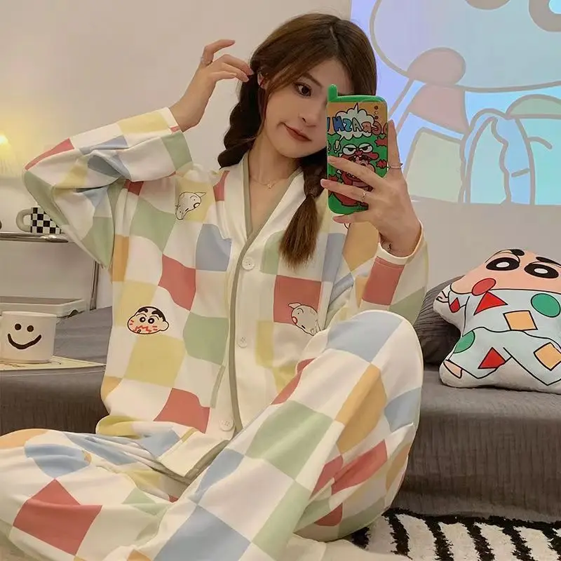 Harajuku Women Roomwear Cartoon Big Eyes Printed Pajamas Set for Young Ladies Girls Homesuit Paryty Cozy Long Sleeves Autumn Pjs