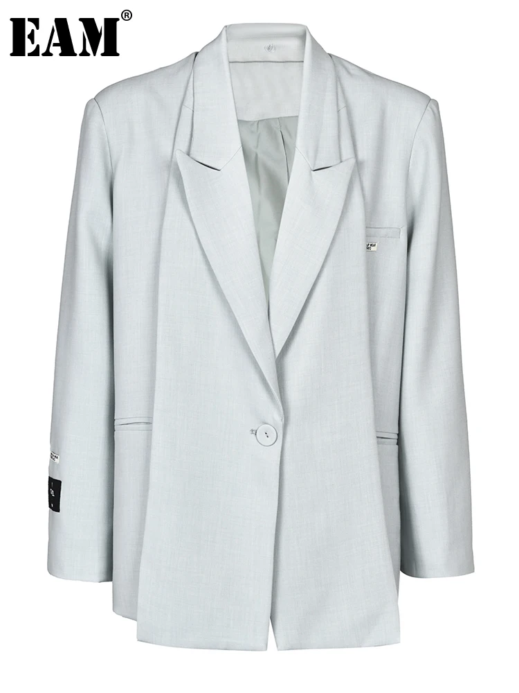 

[EAM] Женский блейзер с ассиметричным соединением, большой размер, новинка, с отворотом, длинный рукав, свободный крой, куртка, модная, весна-осень 2023, 1DE937105