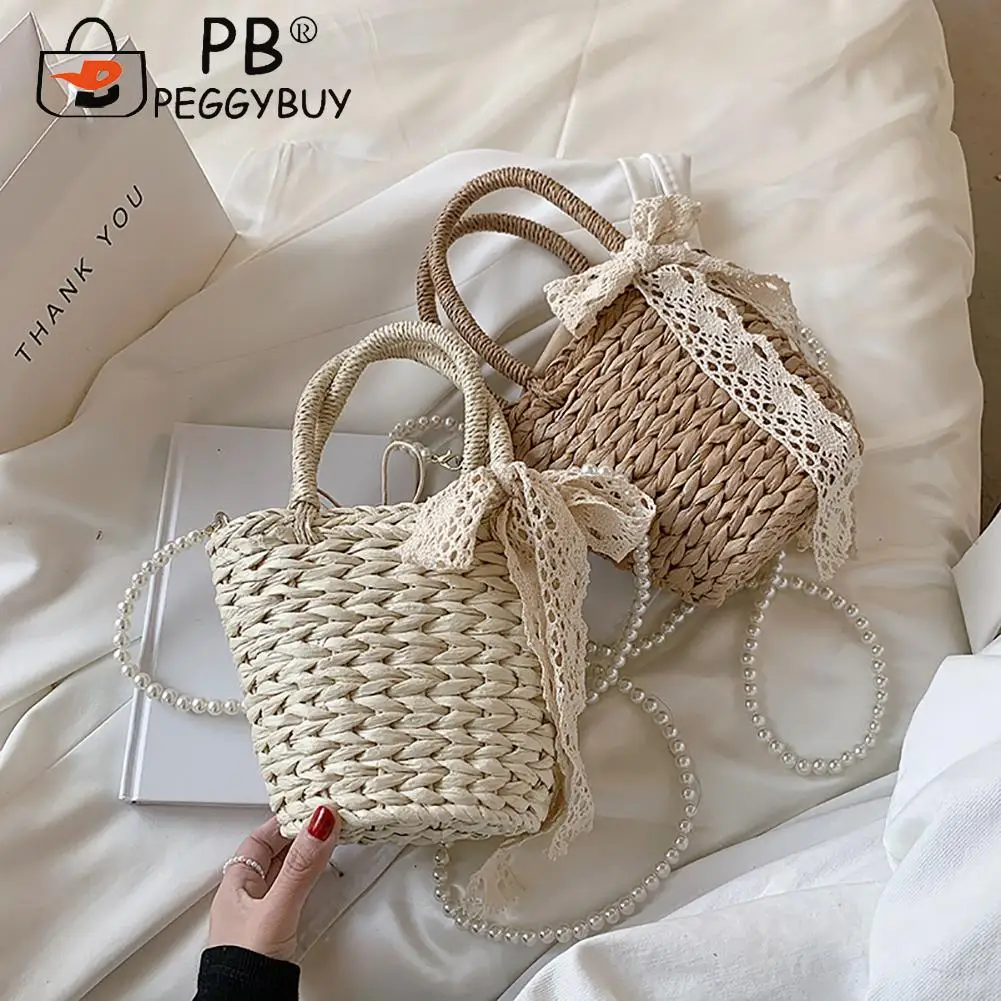 

Casual Women Summer Beach Straw Woven Pearl Chain Shoulder Crossbody Bags Fashion Rattan Bow Lace Drawstring Basket Handbags