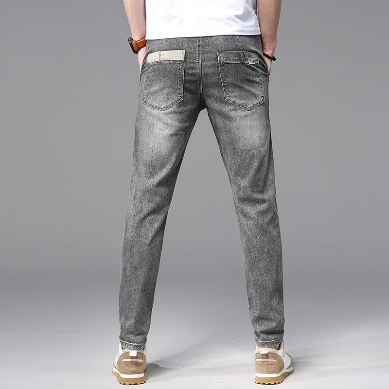 High Street Men's Jeans Thin Summer Fashion Youth Trousers Casual Mid-waist Gray Stretch Jeans for Men Men Clothing