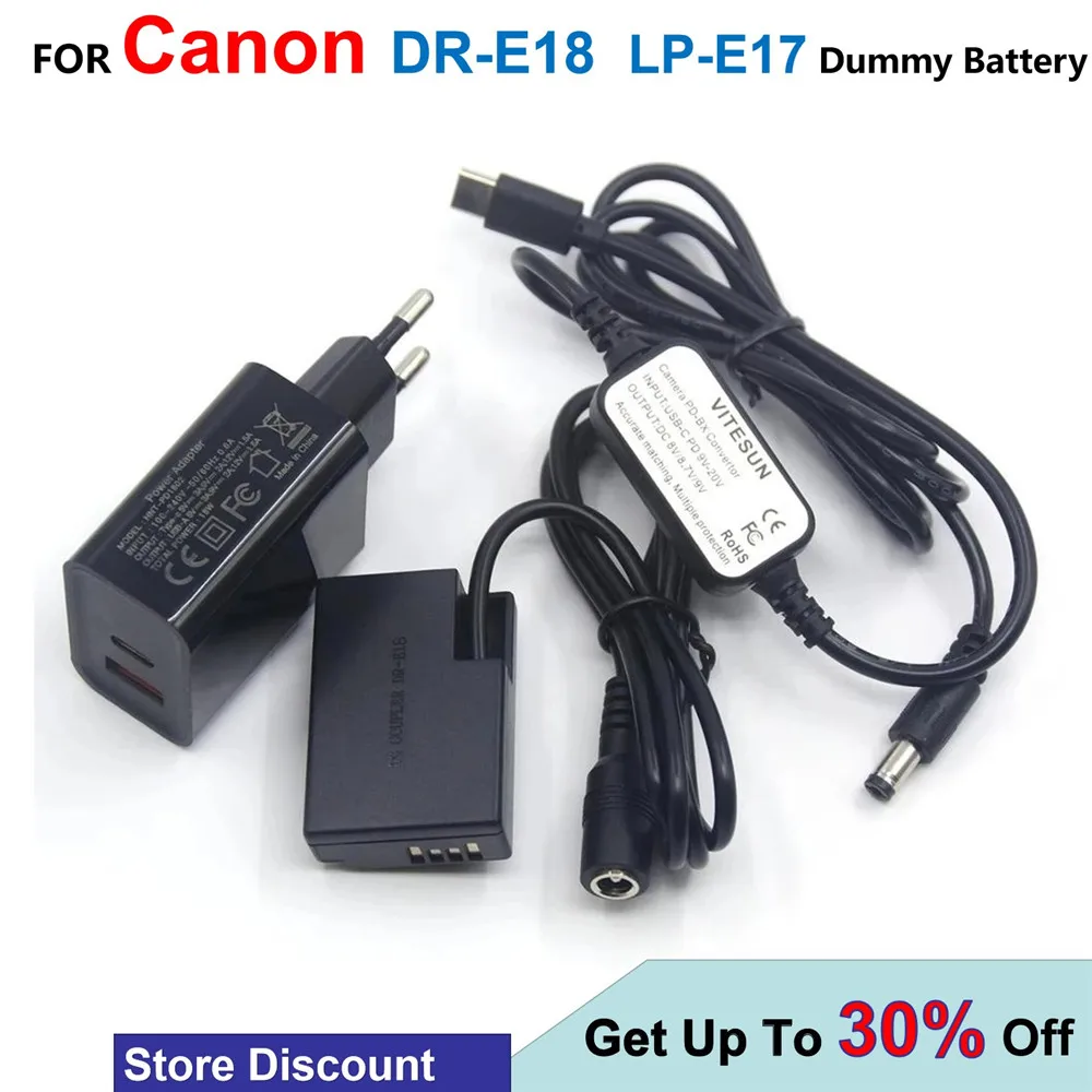 

USB Type-C Charger Cable+DR-E18 LP-E17 Dummy Battery+PD Charger For Canon EOS 750D Kiss X8i T7i T6i 760D T6S 77D 800D 200D