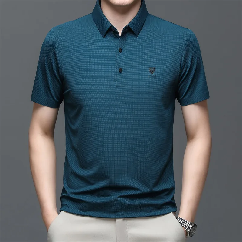 

Summer Men's New Traceless Ice Silk Turn-down Collar Short Sleeve Polo Shirt Printing Thin Business Casual Solid Elastic Tops