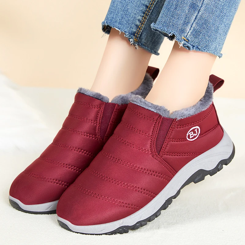STRONGSHEN Women Snow Shoes Warm Plush Fur Ankle Boots Winter Female Slip On Flat Casual Fashion Shoes Waterproof Women Footwear