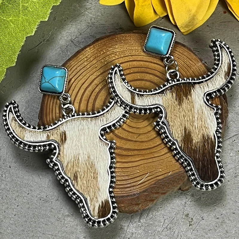 

BOHO LEOPARD STEER CATTLE HEAD LEATHER EARRINGS WITH TURQUOISE • COWGIRL COWBOY JEWELRY ACCESSORIES FOR WOMEN LONGHORN BULLHEAD