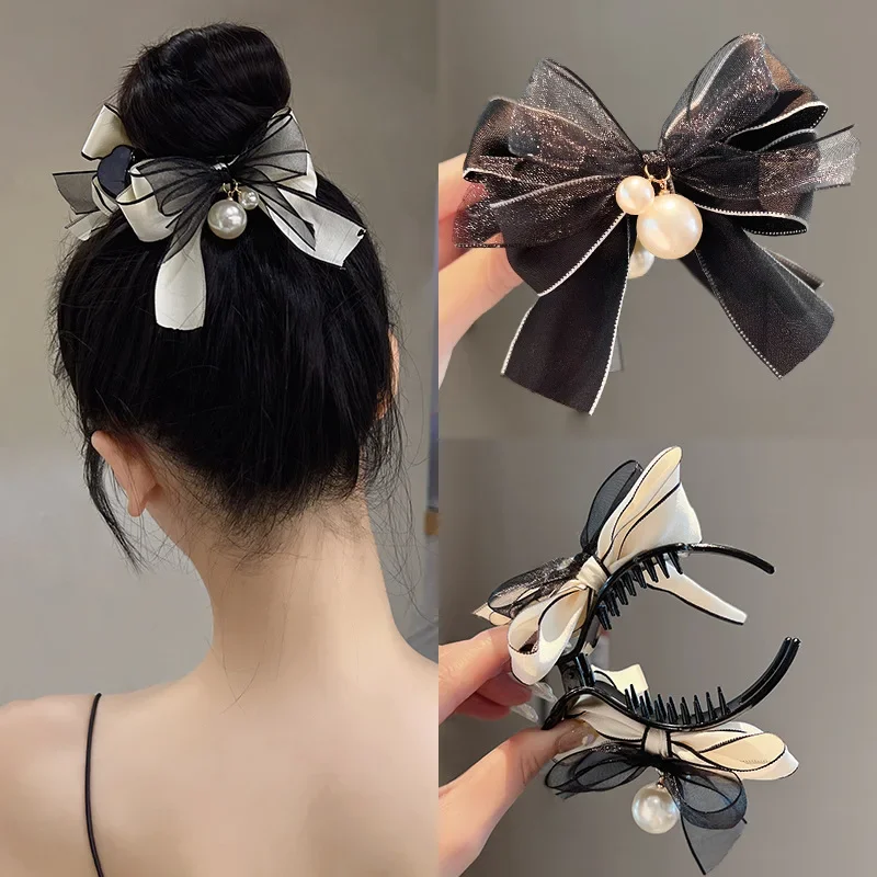 

2023 Fashion New Bow Pearl Hairpins For Women Korean Elegant Girls Shark Clip Back Head Hair Clip Hair Accessories Jewelry Gifts