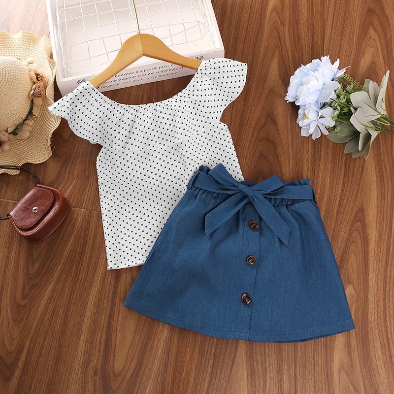

New Summer Child Clothes Sets Sleeveless O Neck Dot Denim Skirts White Cute 2 Piece Sets Designer Girls Clothes Sets 4-7T