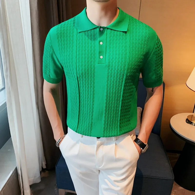 

Новинка 2023, полосатая трикотажная рубашка-поло, летняя модная деловая облегающая футболка премиум-класса, Однотонная футболка-поло с коротким рукавом