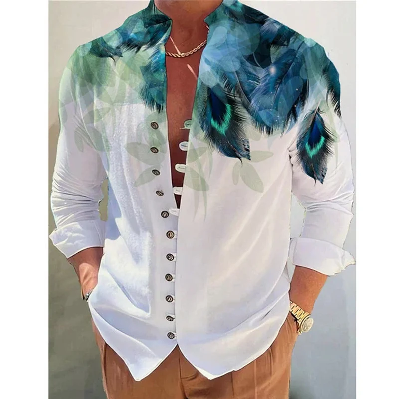 

Spring Fall Casual Long Sleeve Tops Cardigan Vintage Loose Stand Collar Button Shirt For Men Fashion 3D Print Mens Beach Shirts