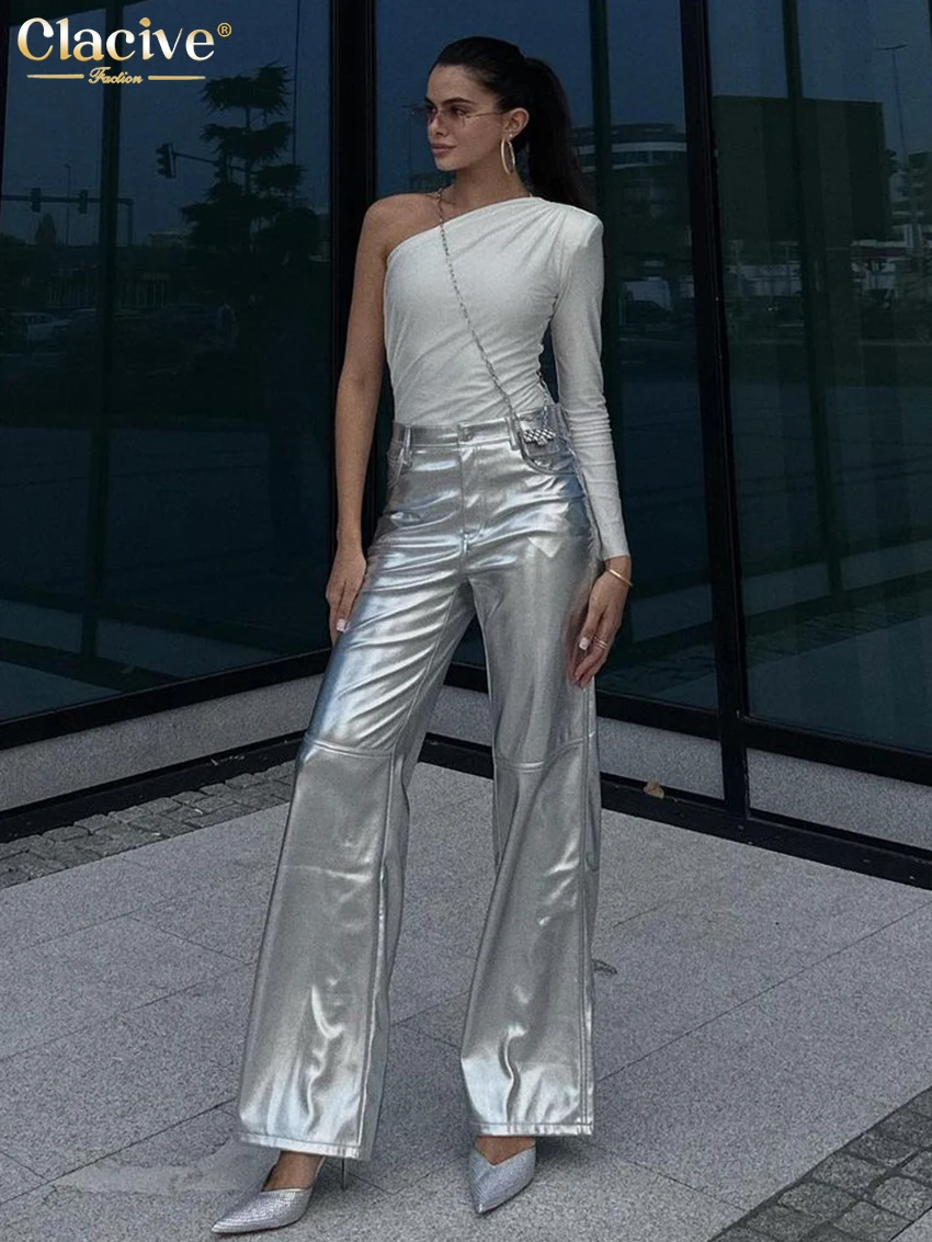 

Clacive Fashion Silver Pu Leather Women'S Pants Elegant High Waist Full Length Pants Streetwear Classic Straight Trousers Female