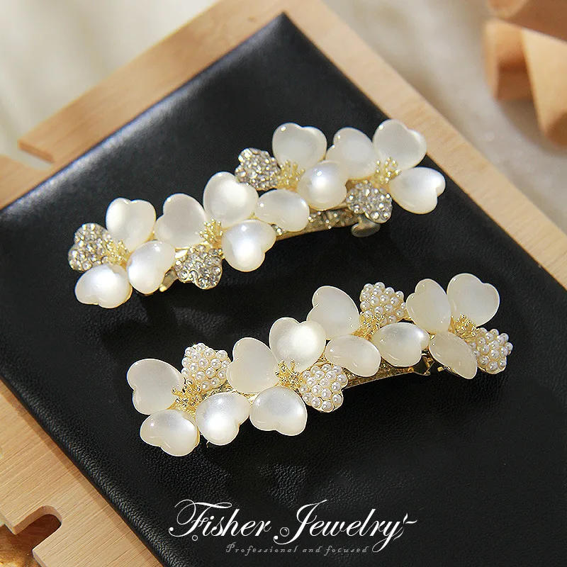 

New Luxury White Opal Flower Spring Hairpin Set with Zircon Boutique Top Clip One Word Back Elegant Women's Fashion Headwear