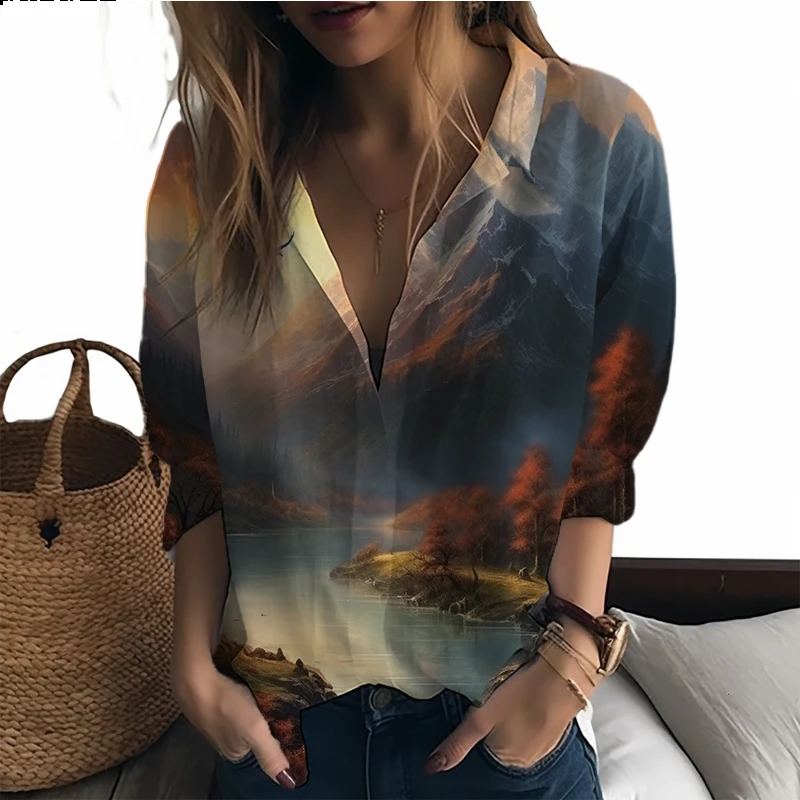 

Summer new lady shirt landscape 3D printed lady shirt casual vacation style ladies shirt fashion trend loose lady shirt
