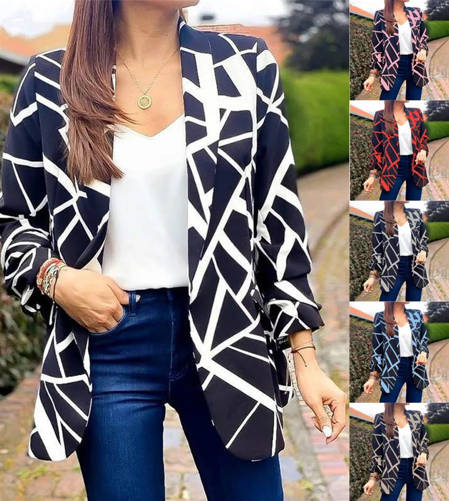 2023 Women Blazer Spring Autumn Fashion Basic Geometrical Print Coat Long Sleeve Cardigan Female Clothing Causal