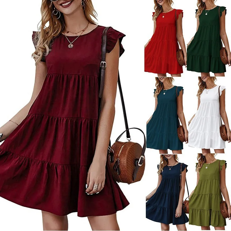 

2023 Summer Fashion O Neck Flying Sleeve Women's Mini Dress Casual Loose Solid Patchwork Fold Elegant Ladies Beach Vintage Dress