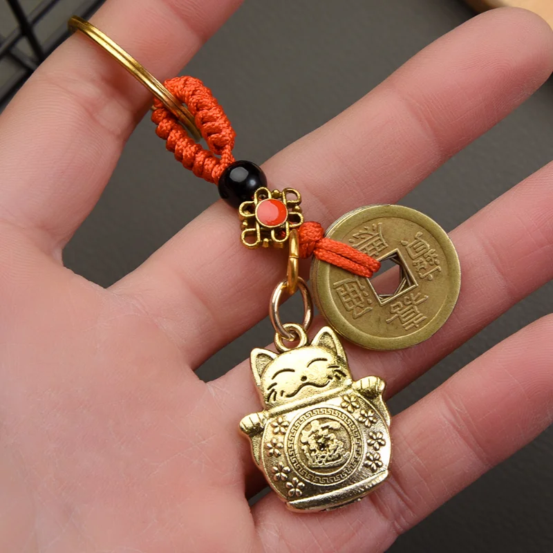 

3PCS Copper Lucky Cat Key Chain Retro Gold Five Emperors Money Key Pendant Phone Car KeyChain Symbol Wealth Luck Unisex Amulet