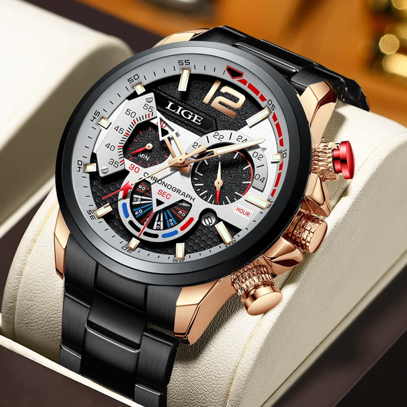 

LIGE Casual Sport Watches for Men Gold Top Brand Luxury Military Stainless Wrist Watch Man Clock Fashion Chronograph Wristwatch